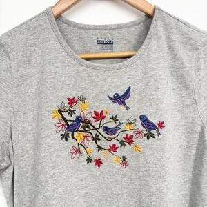 Basic Editions Gray Colorful Bird Embroidered 100% Cotton Shirt Size L